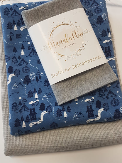 Stoffpaket Waffelstrick Jersey/ French Terry/ Grau-Blau/ Camping