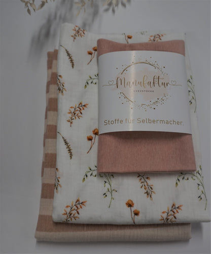 Stoffpaket Musselin/ Blüten/ Altrosa Gestreift