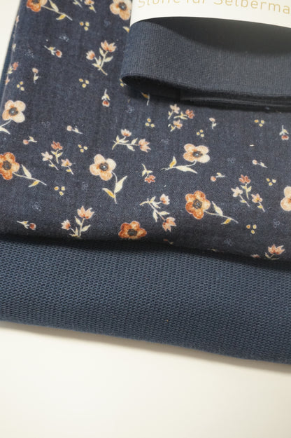 Stoffpaket Musselin/ Baumwollstrick Blümchen/ Blau