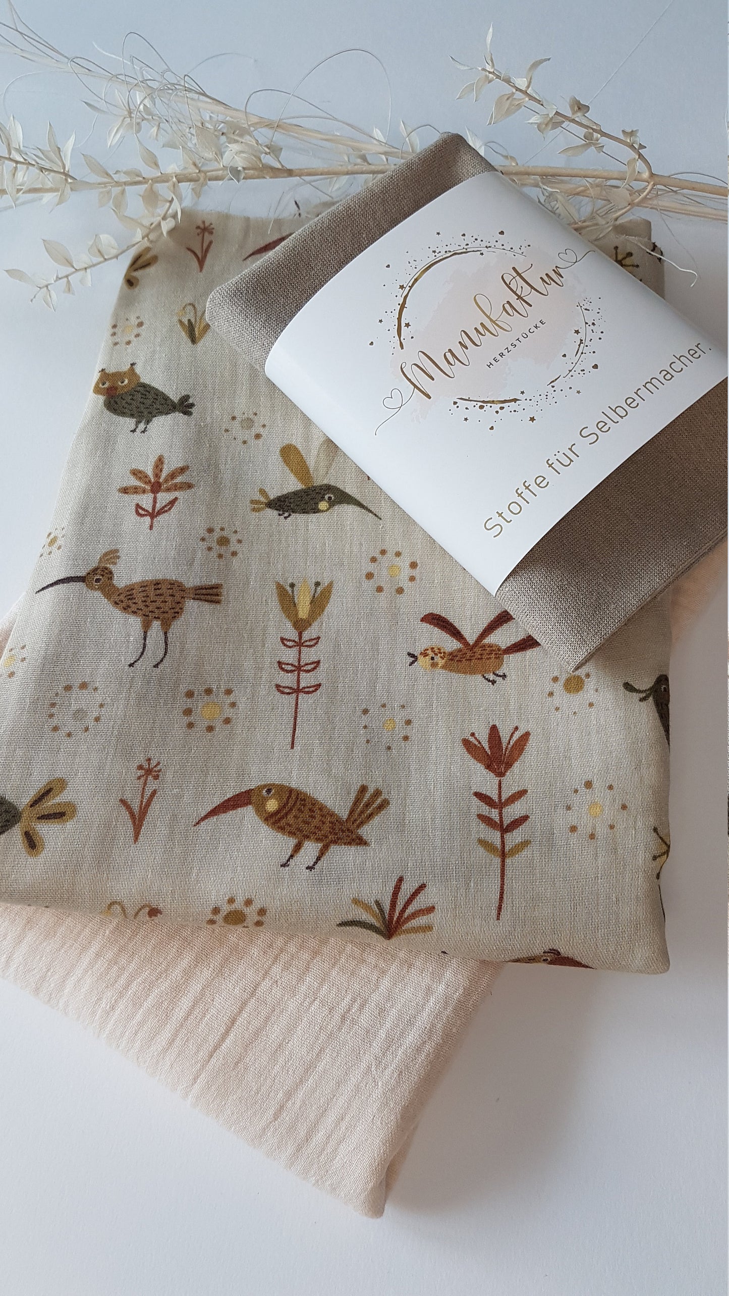 Stoffpaket Musselin/beige/Vögel/Bündchen 1,25m