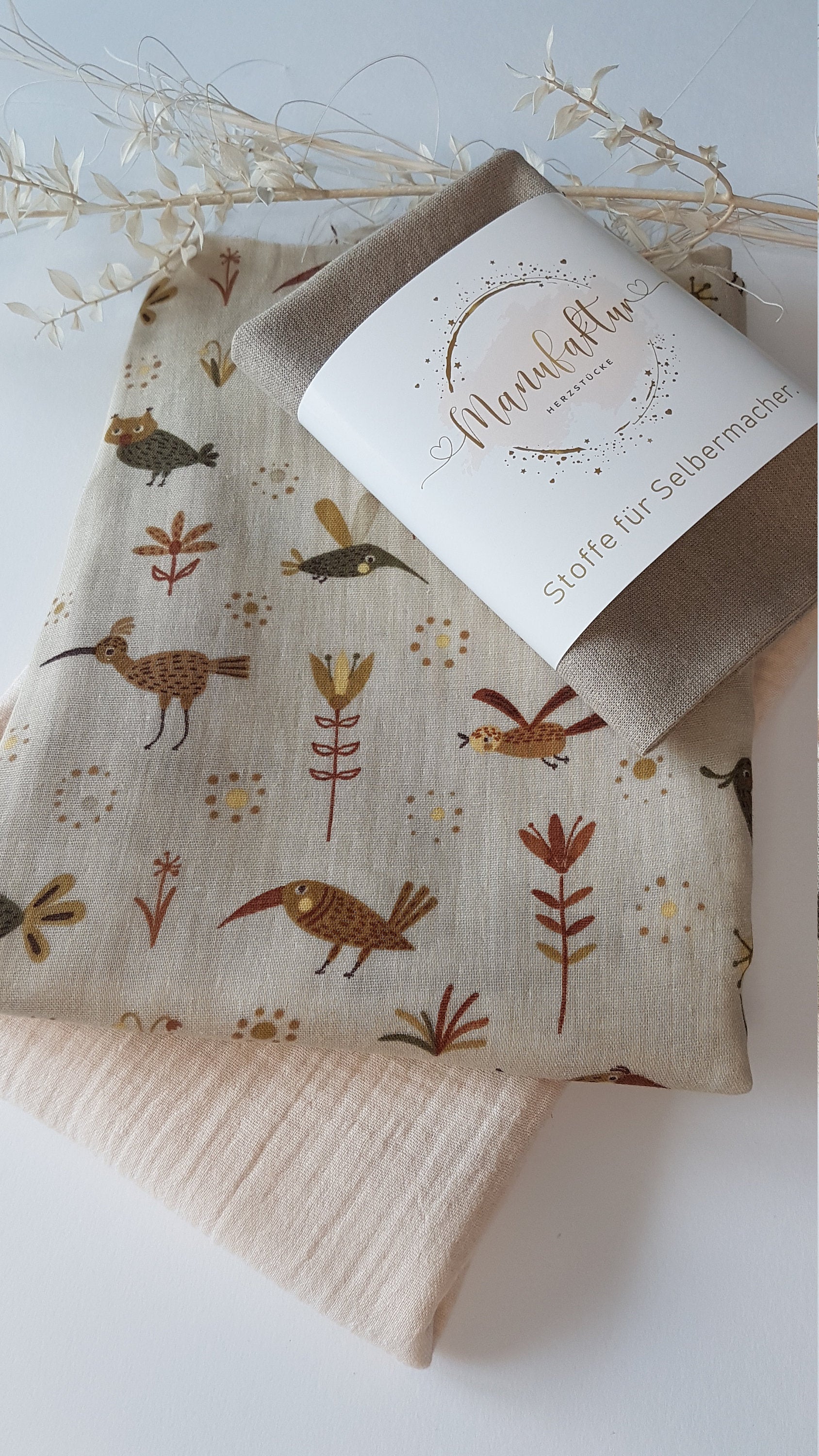Stoffpaket Musselin/beige/Vögel/Bündchen 1,25m