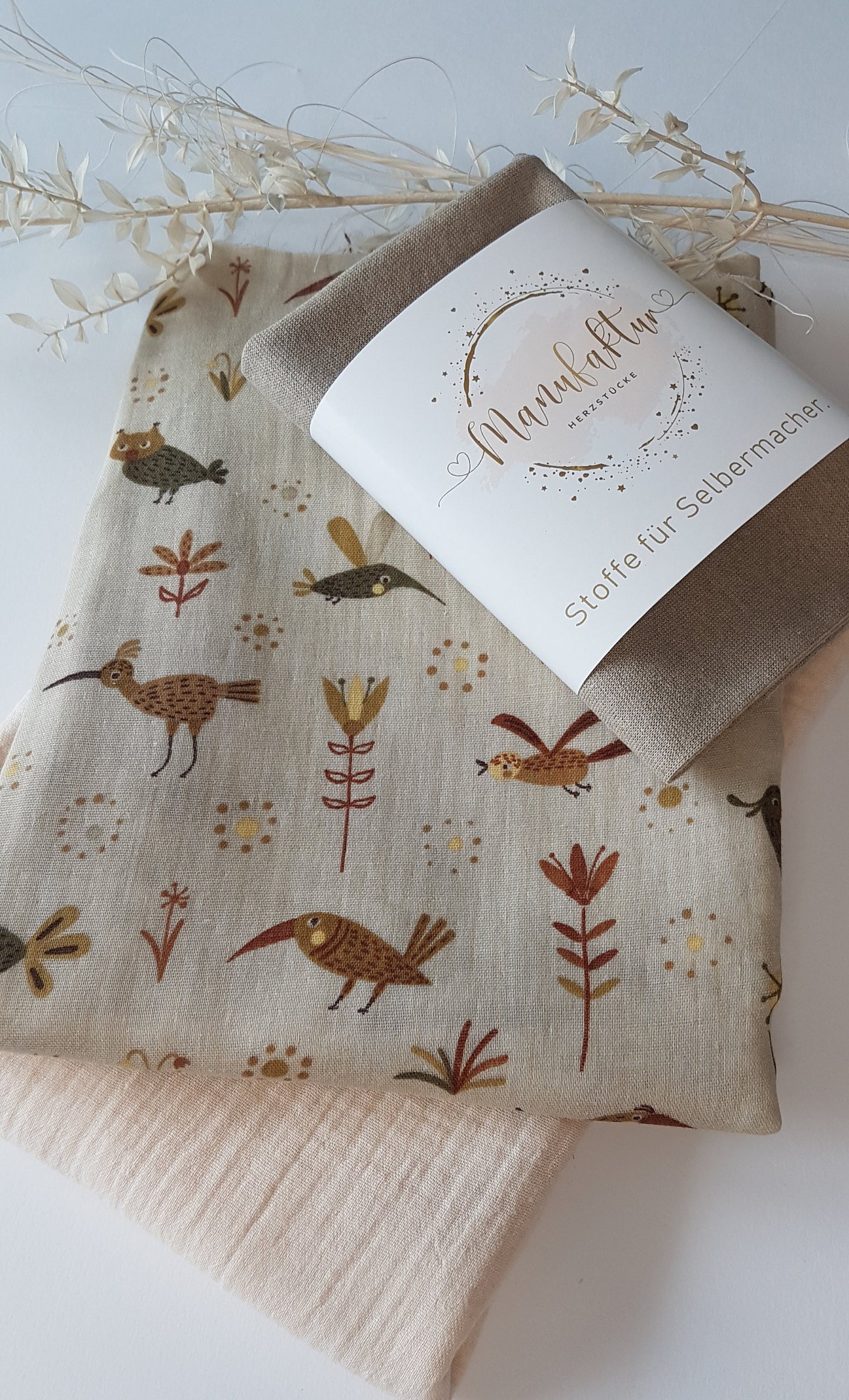 Stoffpaket Musselin/beige/Vögel/Bündchen 1,25m